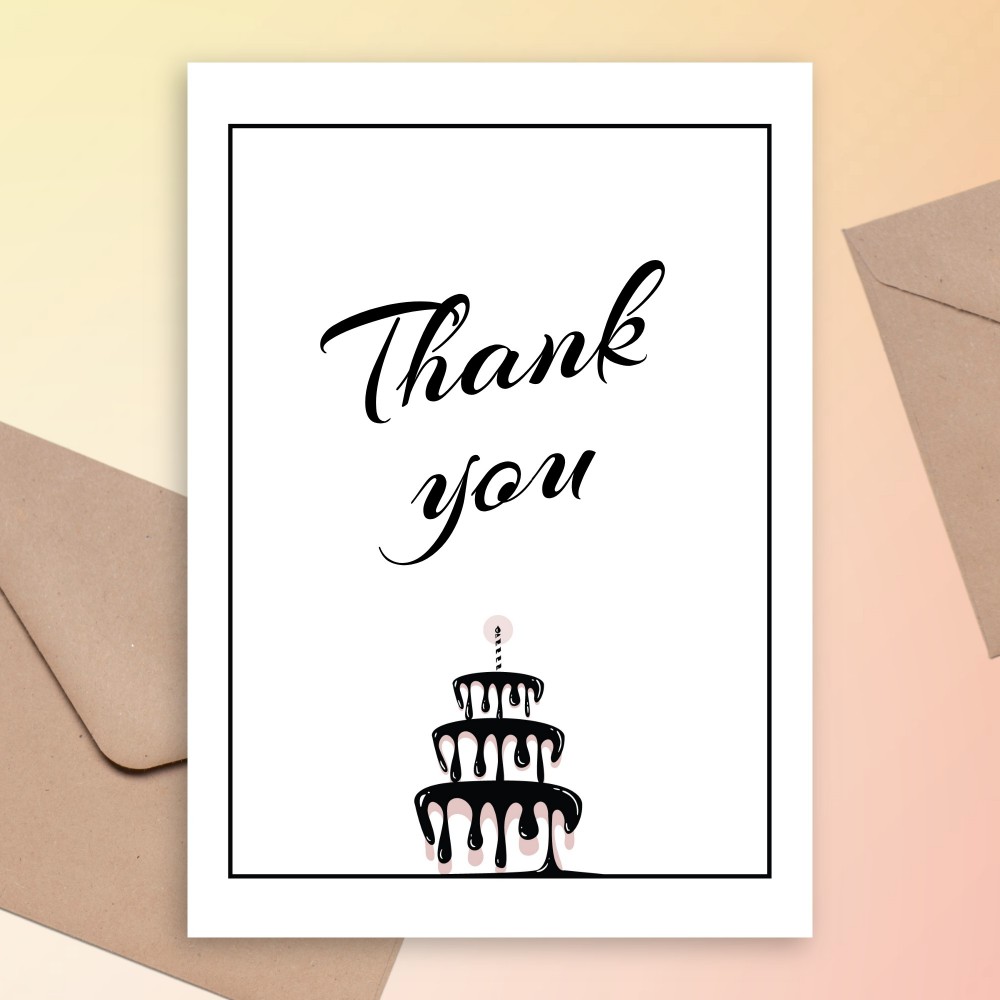 Customize and Download Black and White Cake Birthday Thank You Card