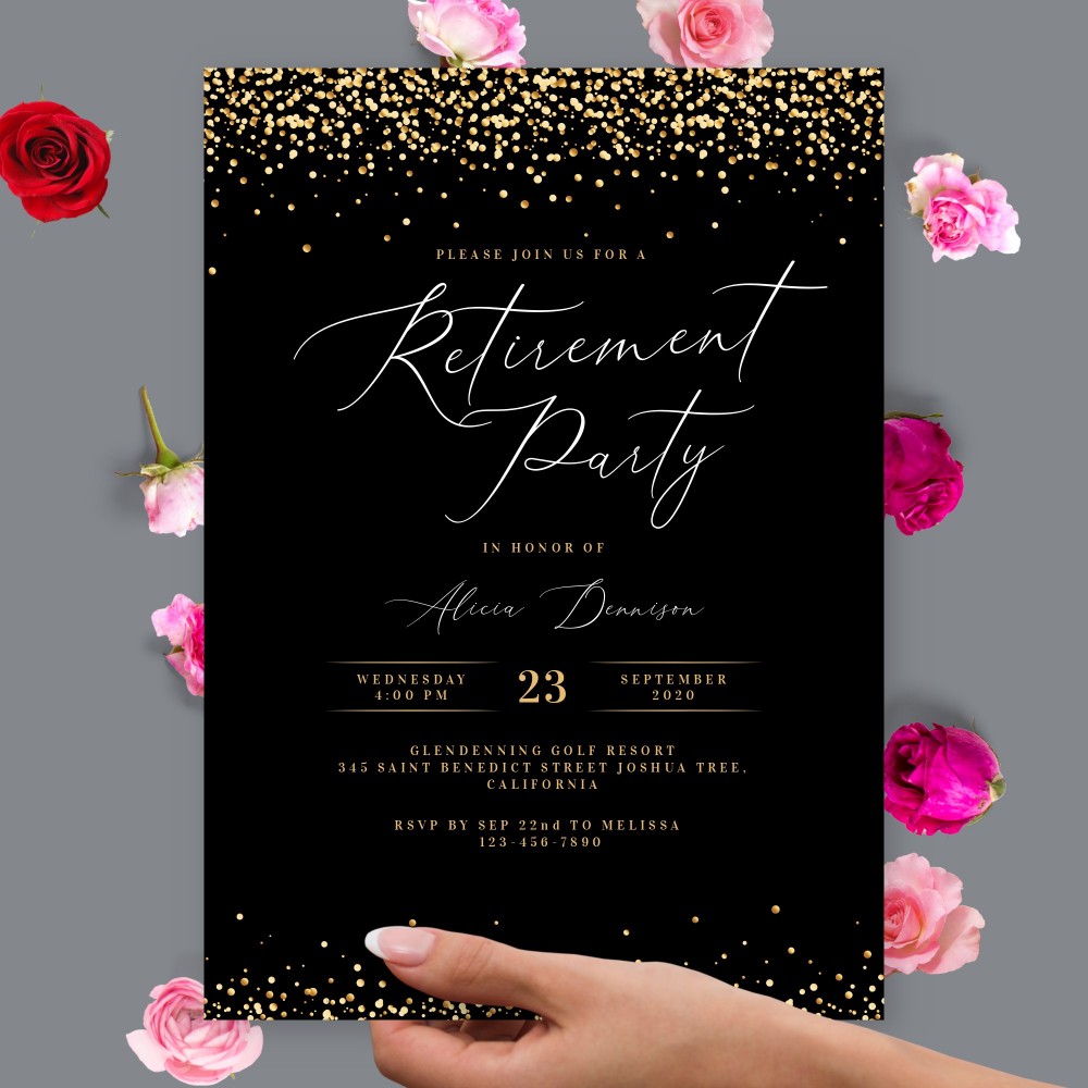 Customize and Download Black Sparkling Retirement Party Invitation
