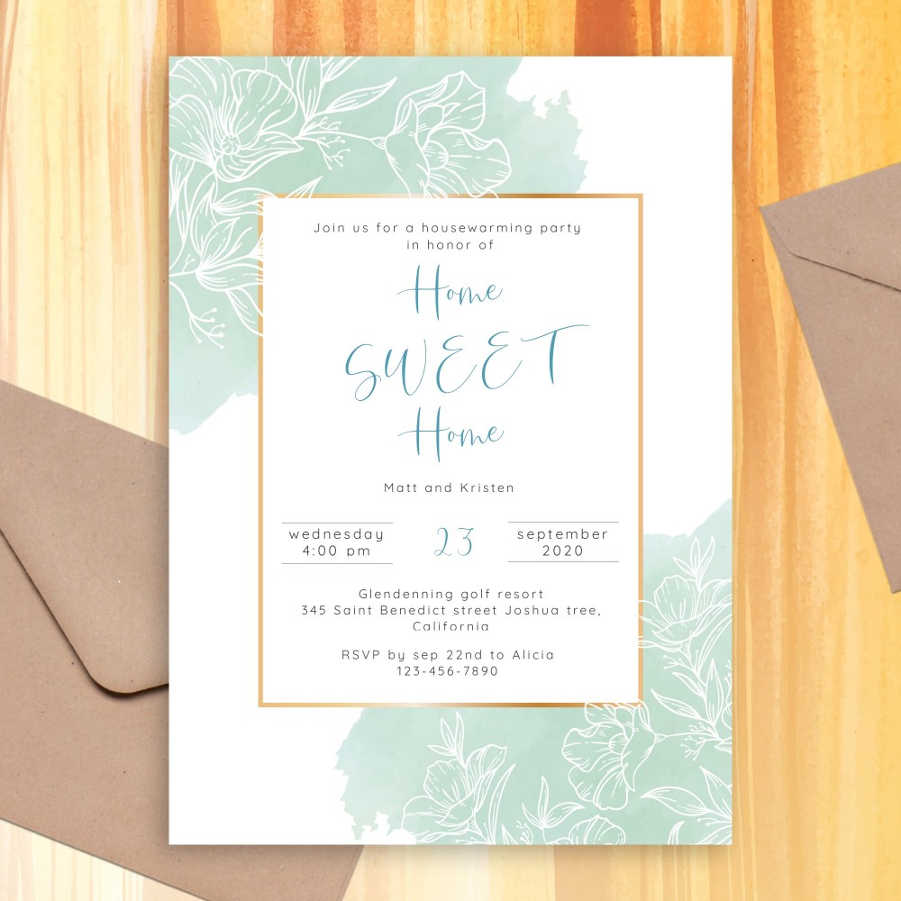 Customize and Download Blue and White Floral Housewarming Invitation