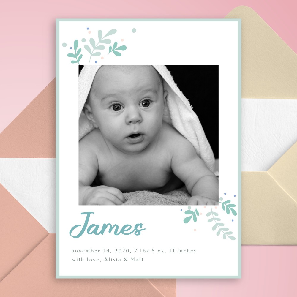Customize and Download Blue Botanical Birth Announcement Card