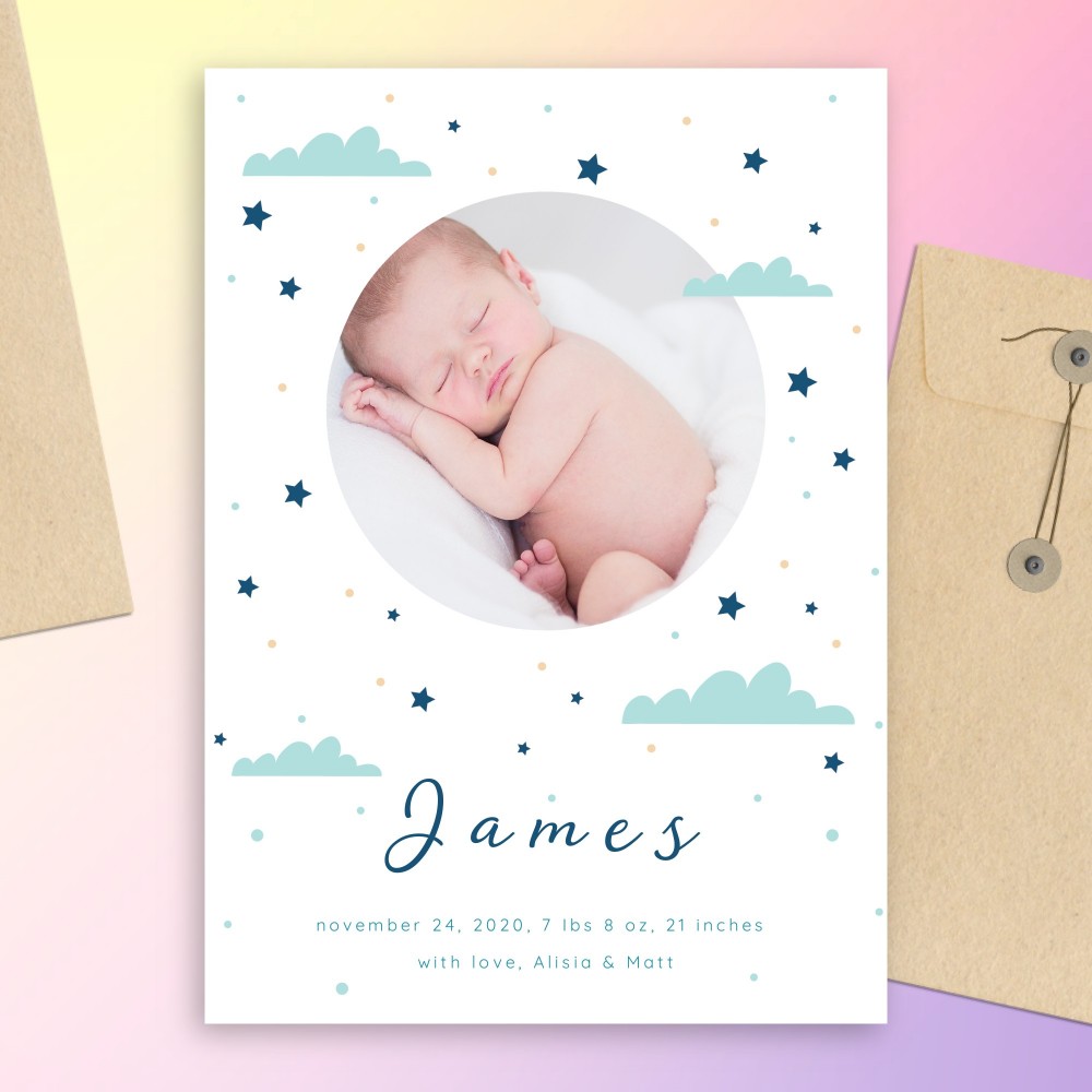 Customize and Download Blue Clouds and Stars Birth Announcement Card