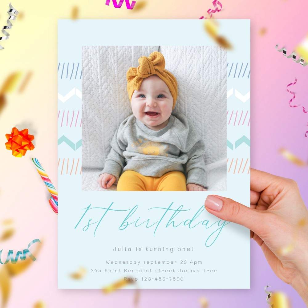 Customize and Download Blue Ethnic Ornaments Girl First Birthday Invitation