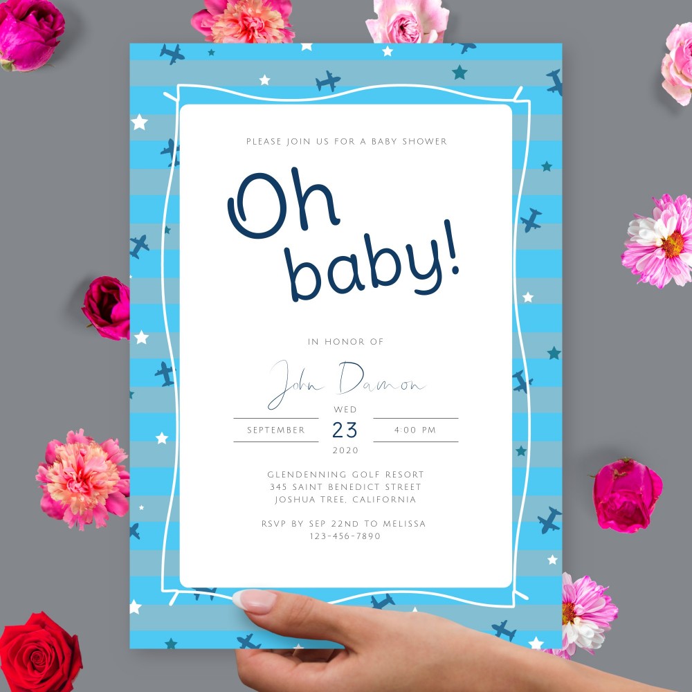 Customize and Download Blue Stripes and Airplanes Baby Shower Invitation