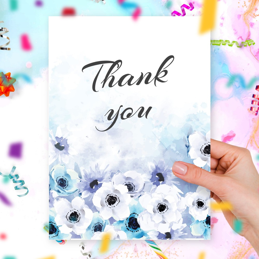 Customize and Download Blue Watercolor Flowers Thank You Card