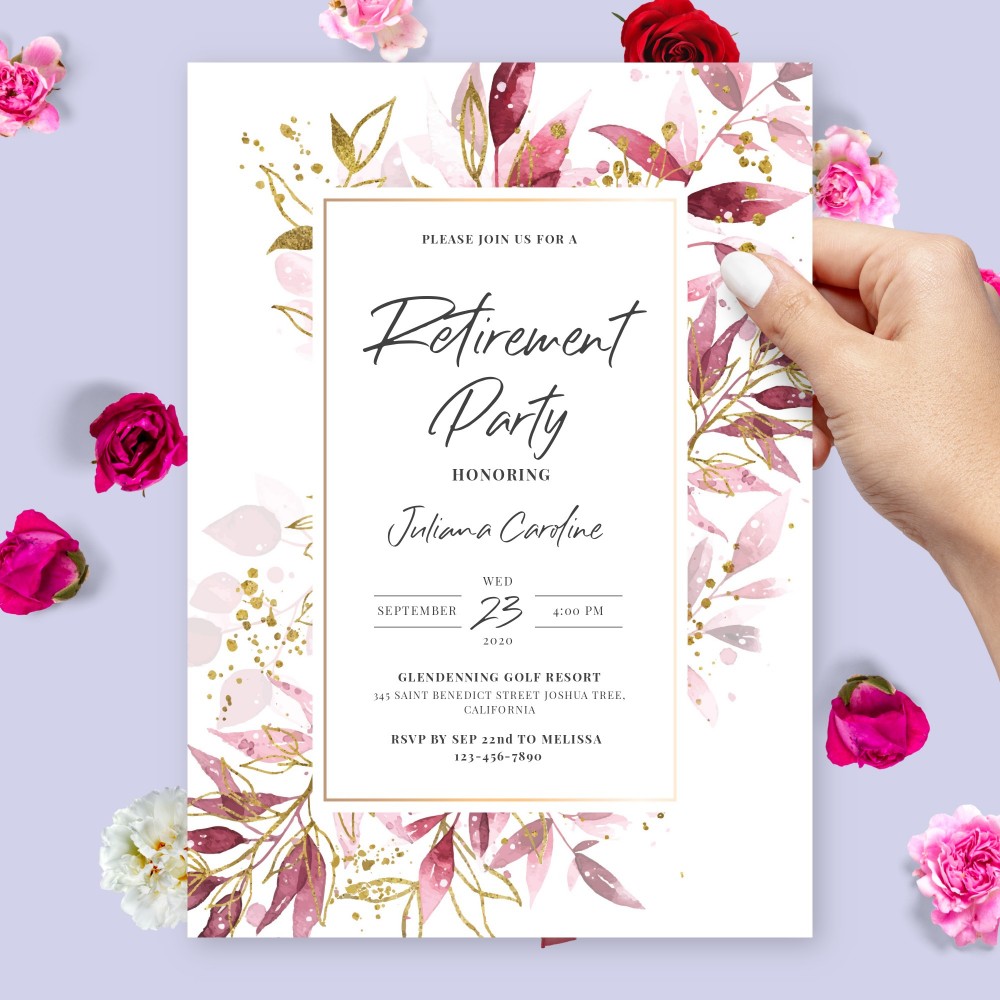 Customize and Download Burgundy and Gold Botanical Retirement Party Invitation