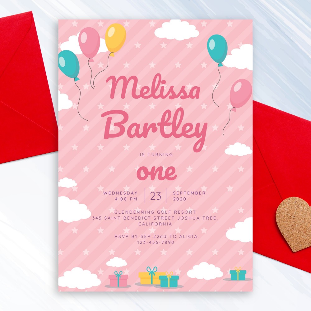 Customize and Download Clouds and Balloons Pink Baby 1st Birthday Invitation