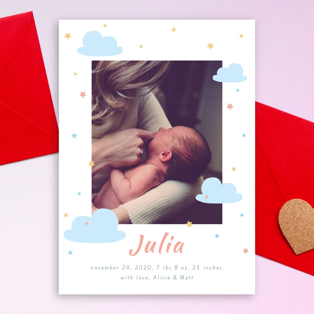 Customize and Download Clouds and Colored Stars Birth Announcement Card