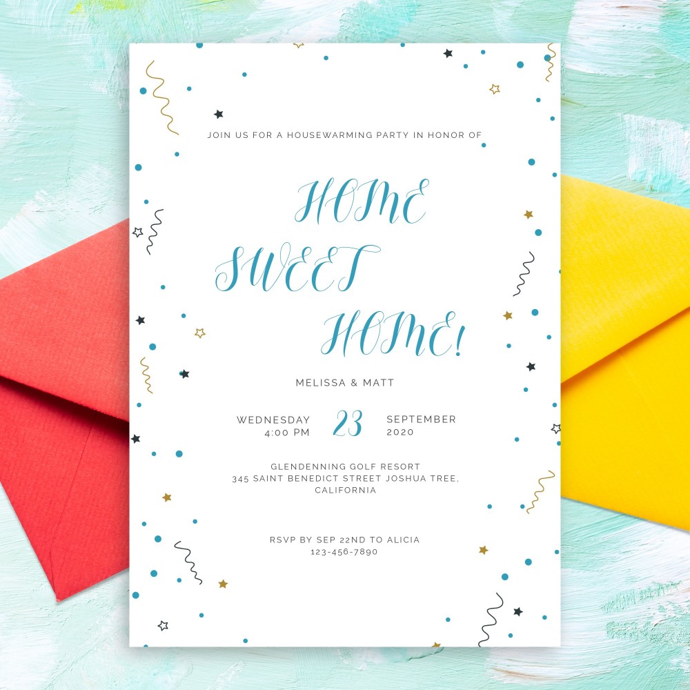 Customize and Download Colored Confetti Stars Housewarming Invitation