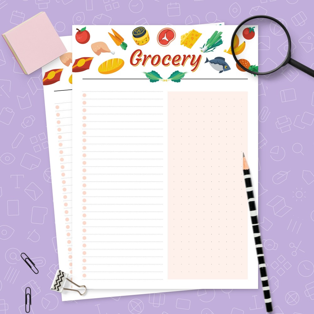 Download Printable Colored Grocery List Lined &amp;amp; Dotted Template