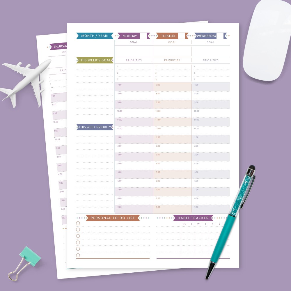 Download Printable Colored Weekly Planner Undated Template