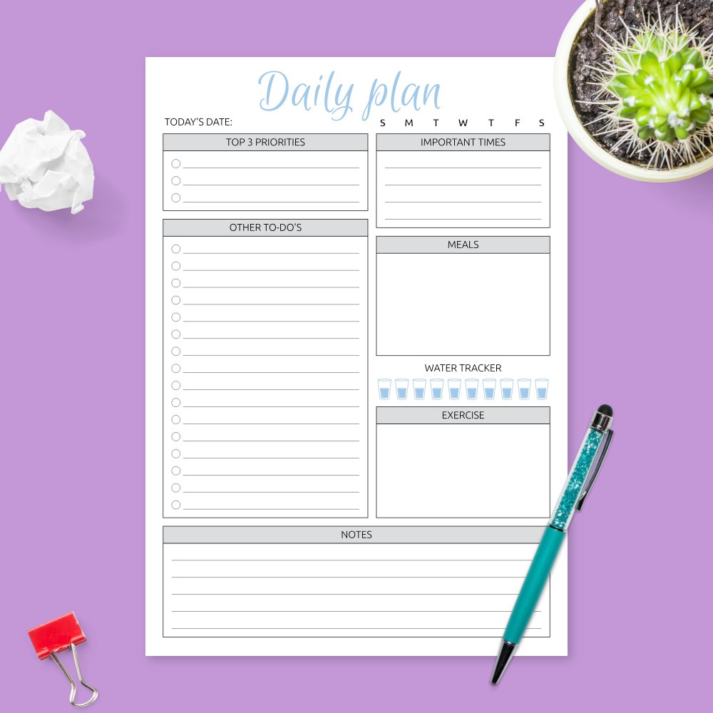 Download Printable Daily Plan with Meal Section Template