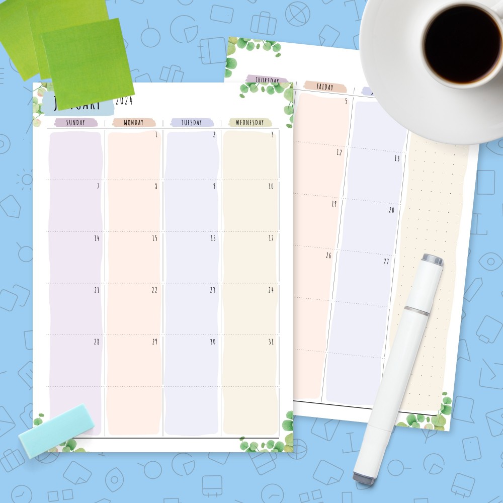 Download Printable Dated Monthly Calendar Botanical Design Template