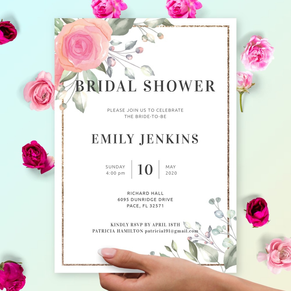 Customize and Download Delicate Rose Bouquet Bridal Shower Invitation