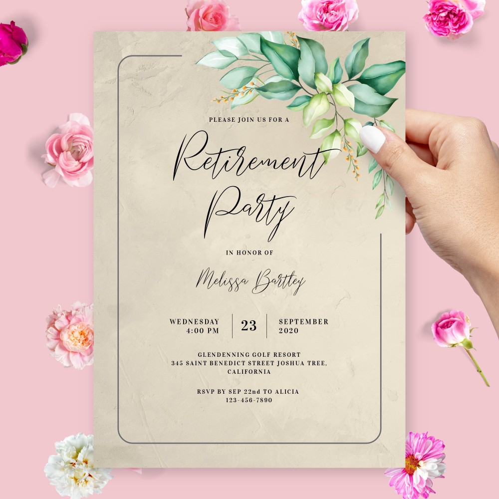 Customize and Download Elegant Greenery Retirement Party Invitation