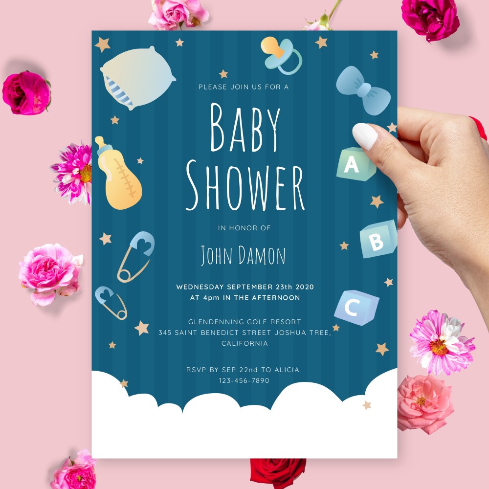 Customize and Download Fluffy Cloud Blue Baby Shower Invitation