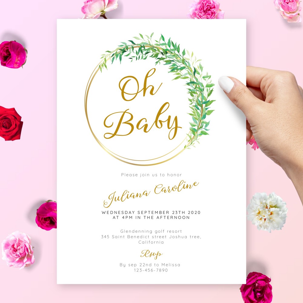 Customize and Download Gold Greenery Baby Shower Invitation