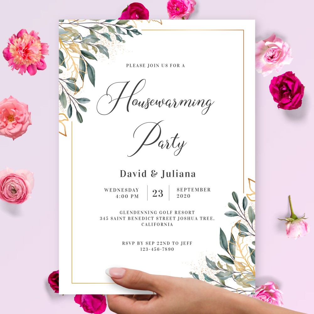 Customize and Download Gold Greenery Housewarming Invitation