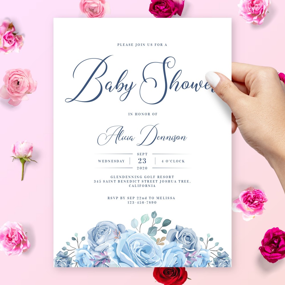 Customize and Download Graceful Blue Floral Bouquet Baby Shower Invitation