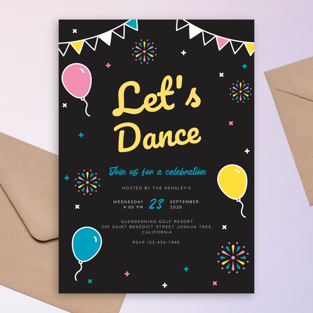 Customize and Download Let&amp;#039;s Dance Colored Black Party Invitation