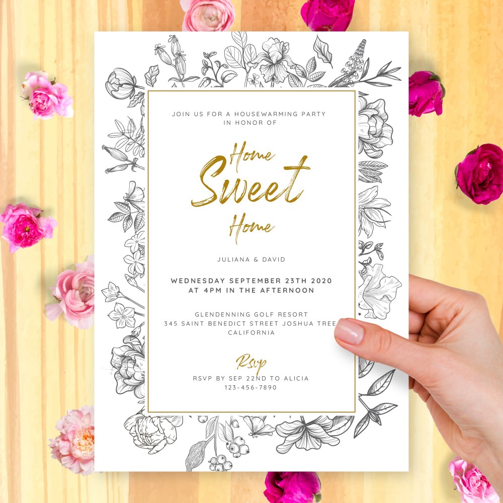 Customize and Download Lined Floral Housewarming Invitation