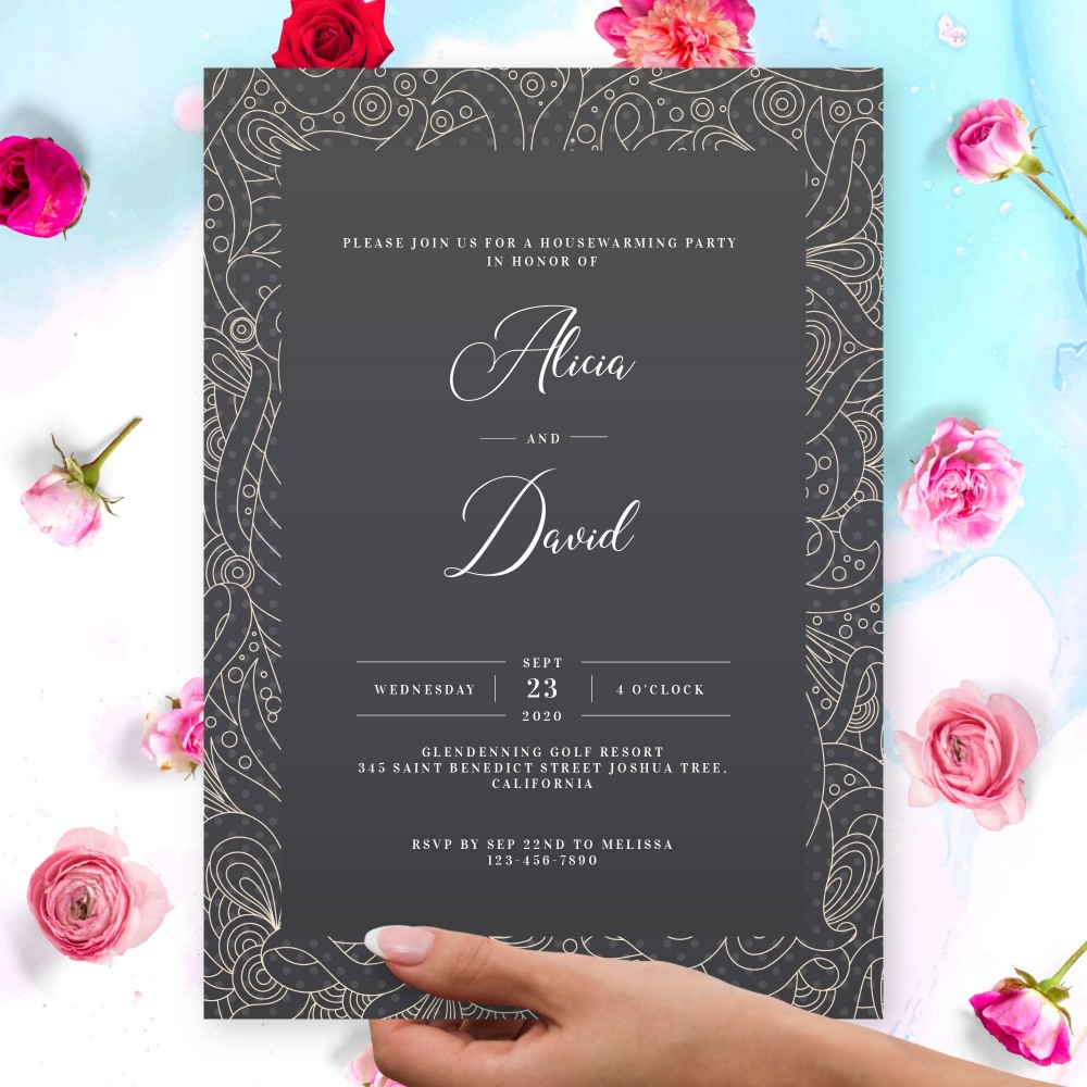 Customize and Download Lined Pattern Black Housewarming Invitation