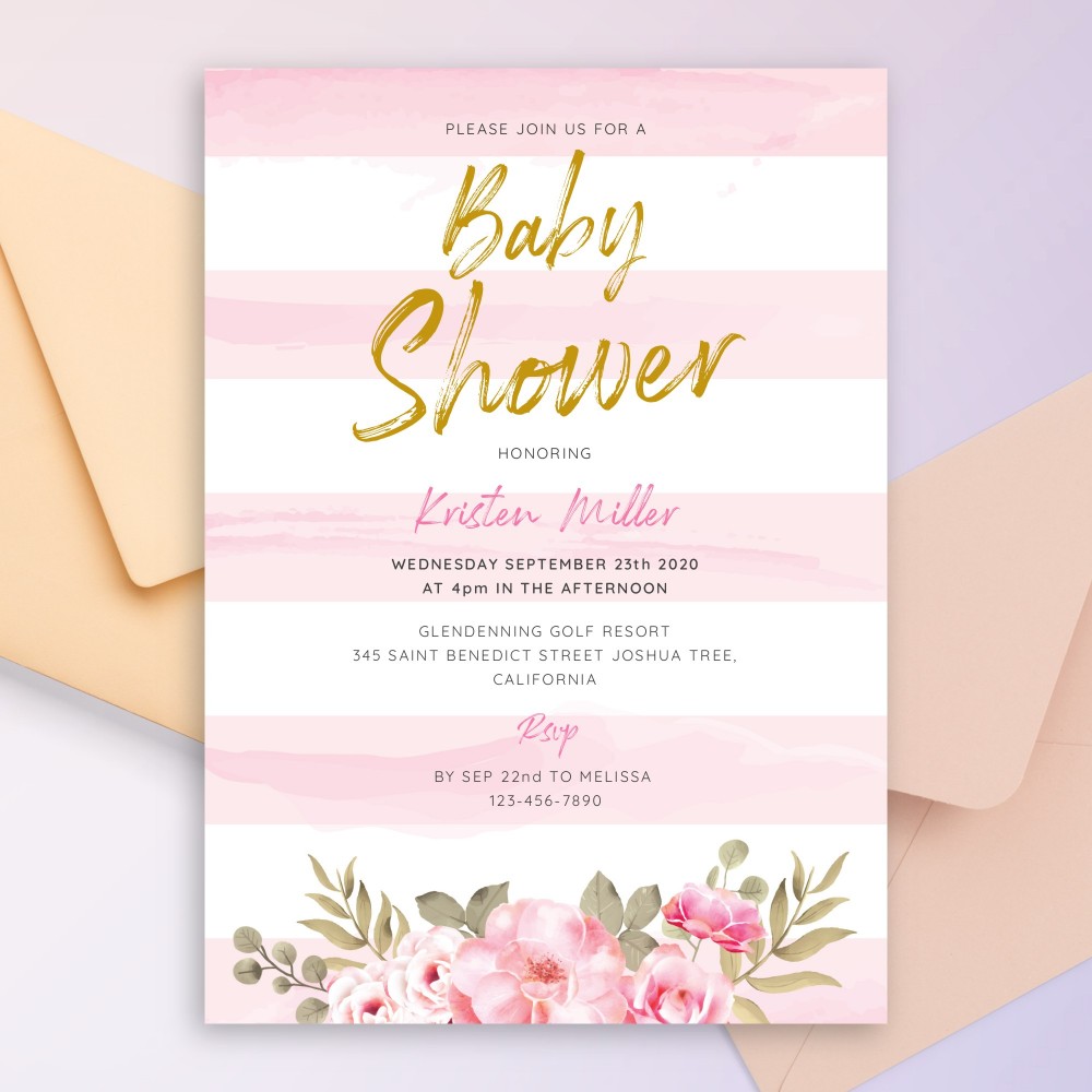 Customize and Download Pink and Gold Floral Baby Shower Invitation
