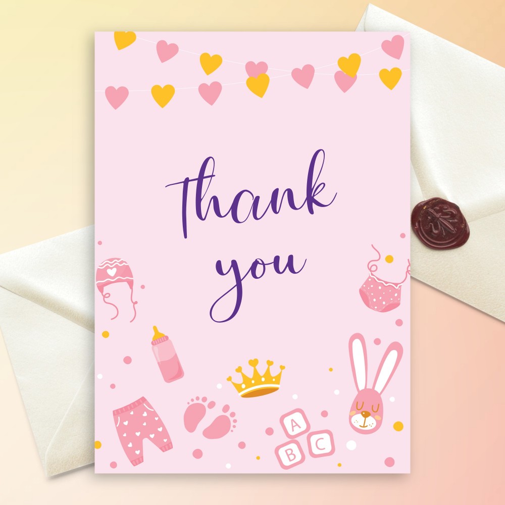 Customize and Download Pink and Gold Hearts Baby Shower Thank You Card