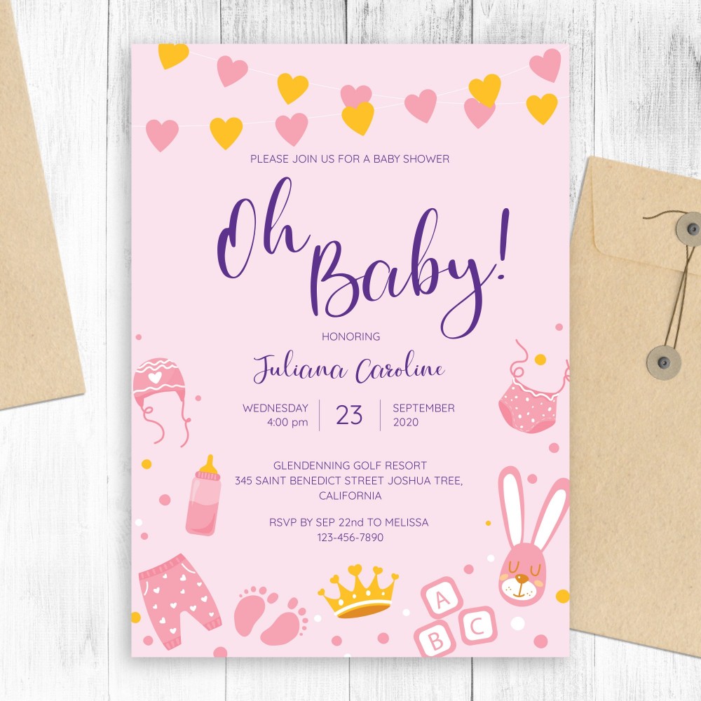 Customize and Download Pink and Gold Hearts Cute Baby Shower Invitation
