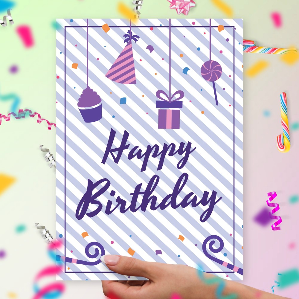 Customize and Download Purple and White Stripes Birthday Card For Her