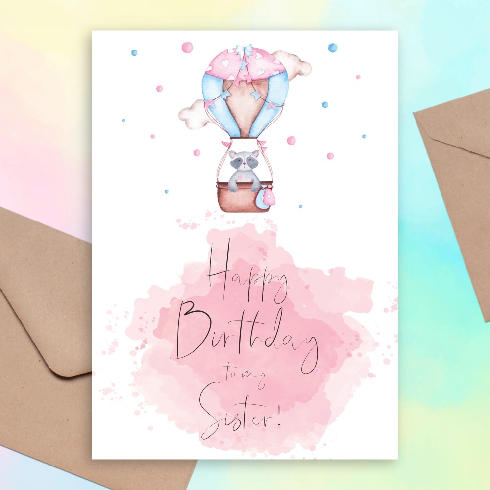 Customize and Download Racoon Birthday Card For Sister