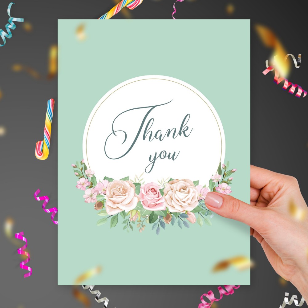 Customize and Download Roses Bouquet Blue Thank You Card