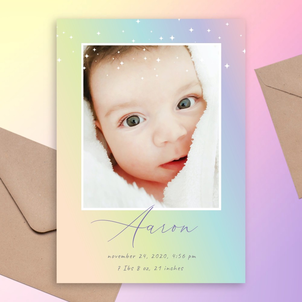 Customize and Download Sparkling Rainbow Birth Announcement Card