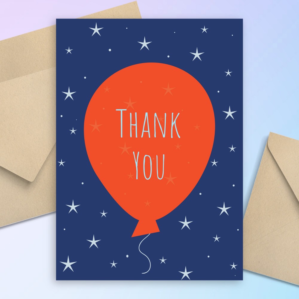 Customize and Download Sparkling Stars Balloon Birthday Thank You Card