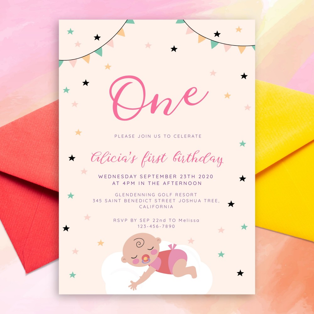 Customize and Download Stars and Flag Garland Baby 1st Birthday Invitation