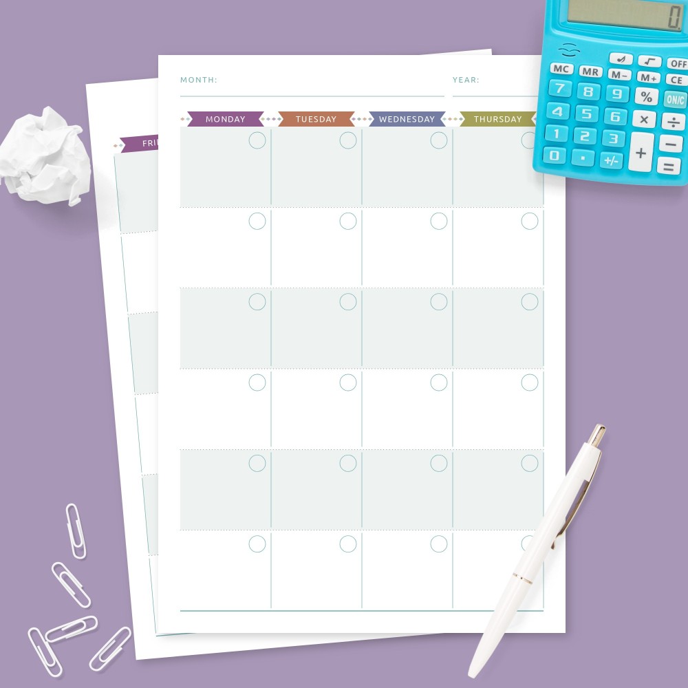 Download Printable Undated Monthly Calendar Colored Design Template