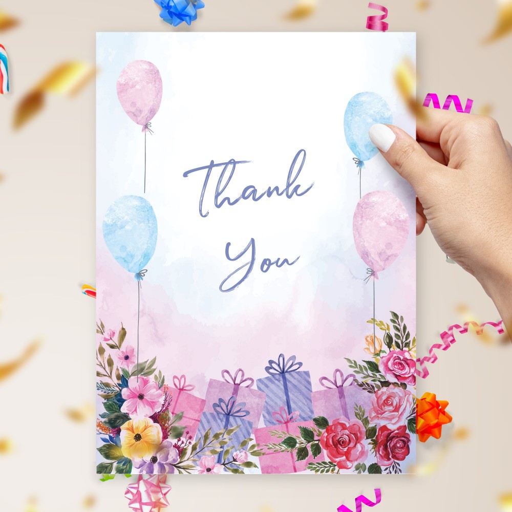 Customize and Download Watercolor Flowers and Balloons Birthday Thank You Card
