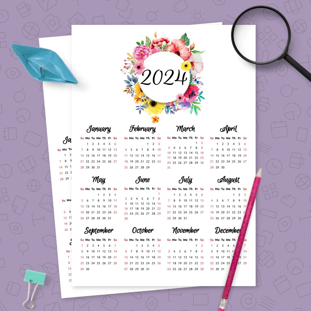 Download Printable Yearly Calendar Floral Design Template