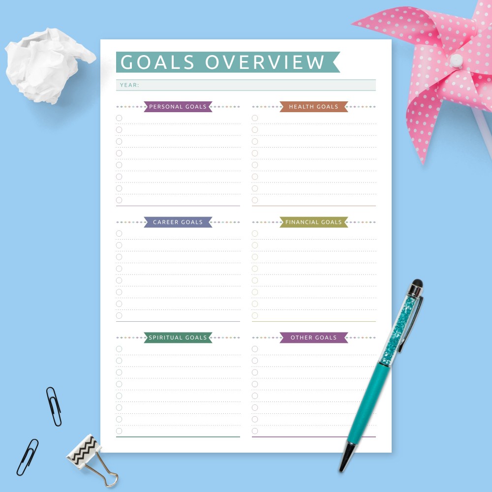 Download Printable Yearly Goals Overview - Colored Design Template
