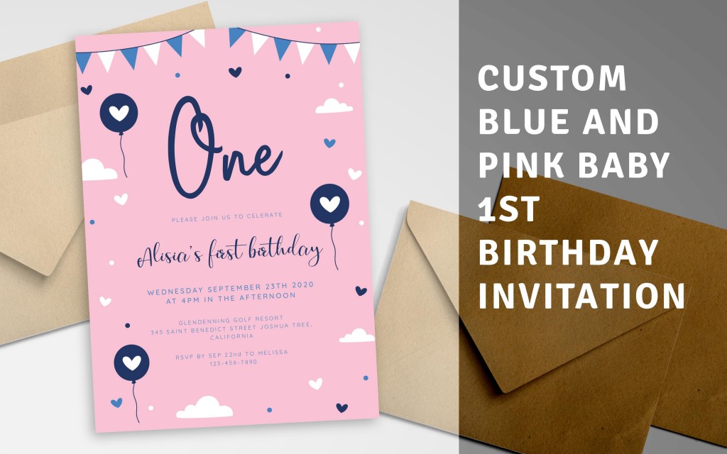 Custom Blue and Pink Baby 1st Birthday Invitation