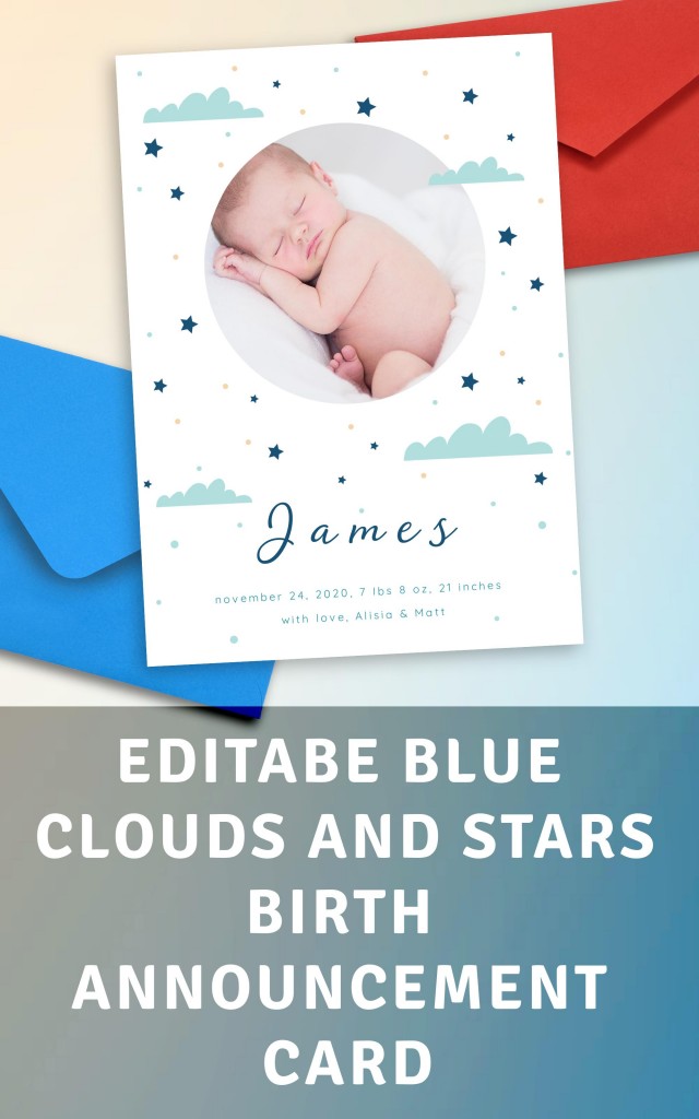 Get Blue Clouds and Stars Birth Announcement Card