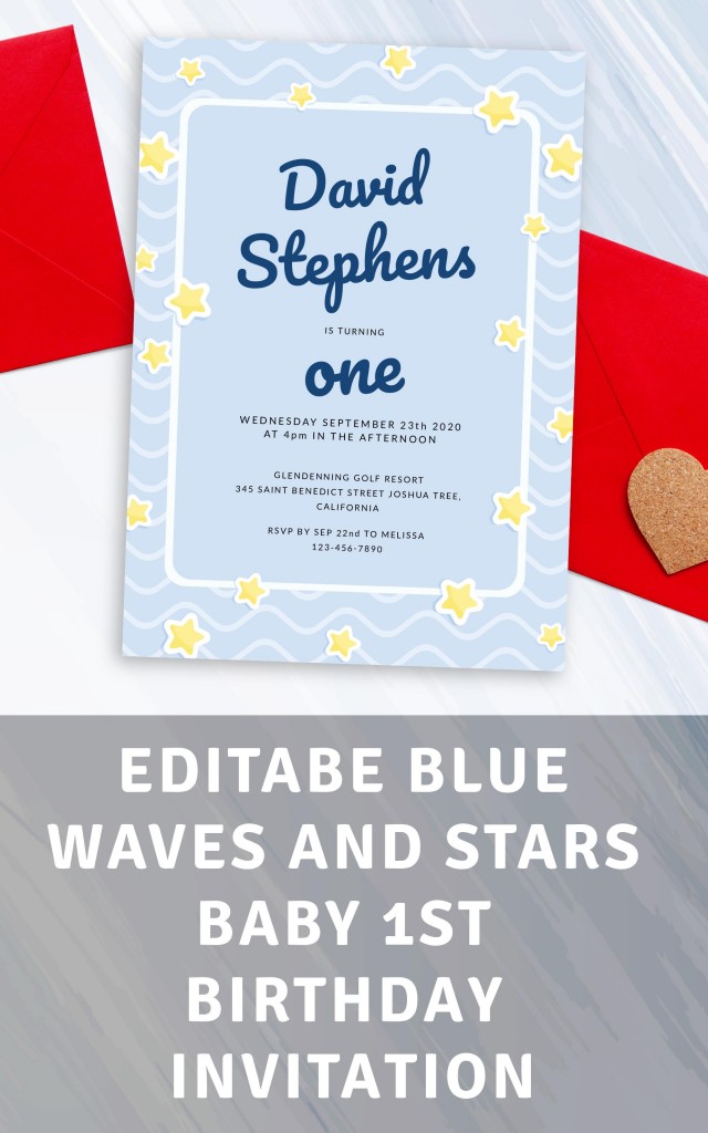 Get Blue Waves and Stars Baby 1st Birthday Invitation