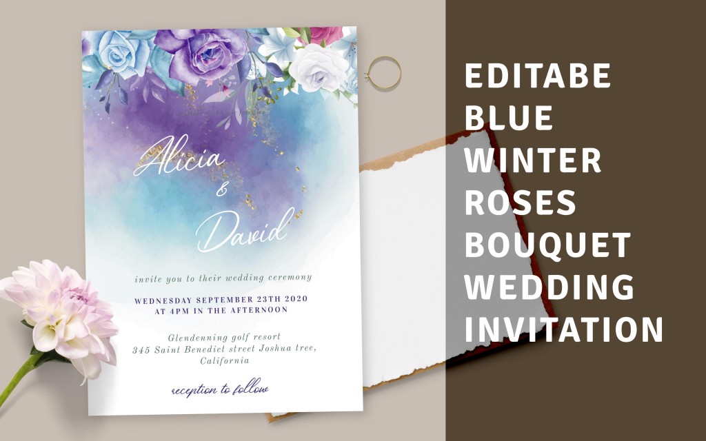 Custom Blue Winter Roses Bouquet Wedding Invitation