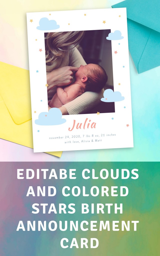 Get Clouds and Colored Stars Birth Announcement Card