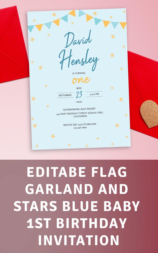 Get Flag Garland and Stars Blue Baby 1st Birthday Invitation