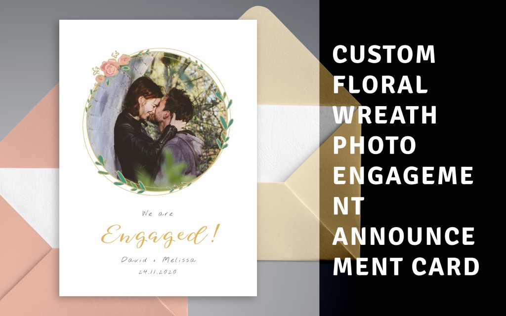 Custom Floral Wreath Photo Engagement Announcement Card