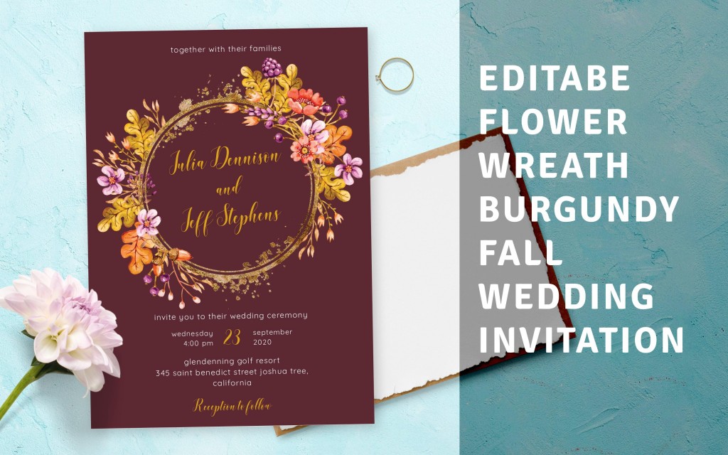 Custom Flower Wreath Burgundy Fall Wedding Invitation