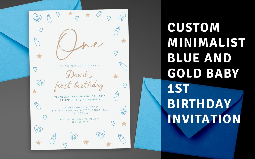 Custom Minimalist Blue and Gold Baby 1st Birthday Invitation