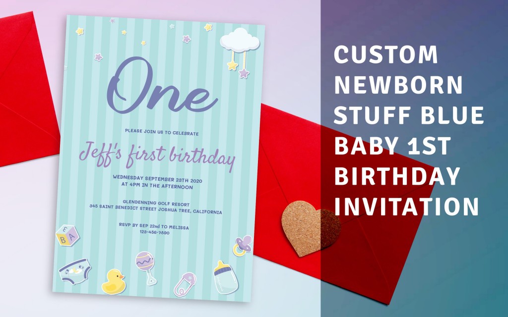 Custom Newborn Stuff Blue Baby 1st Birthday Invitation