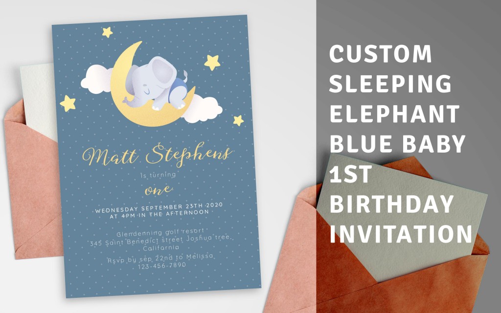 Custom Sleeping Elephant Blue Baby 1st Birthday Invitation