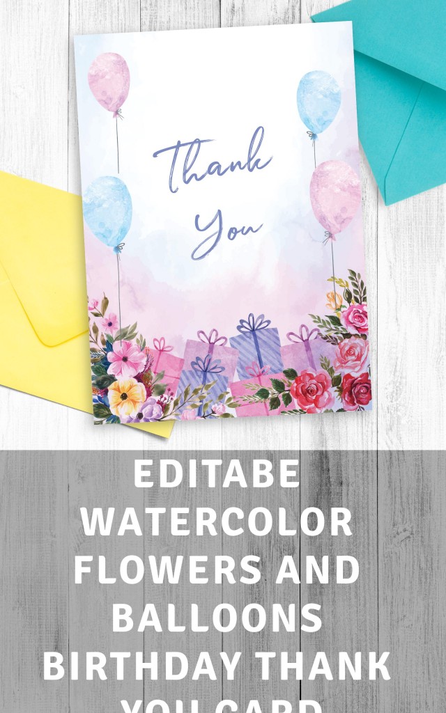 Get Watercolor Flowers and Balloons Birthday Thank You Card